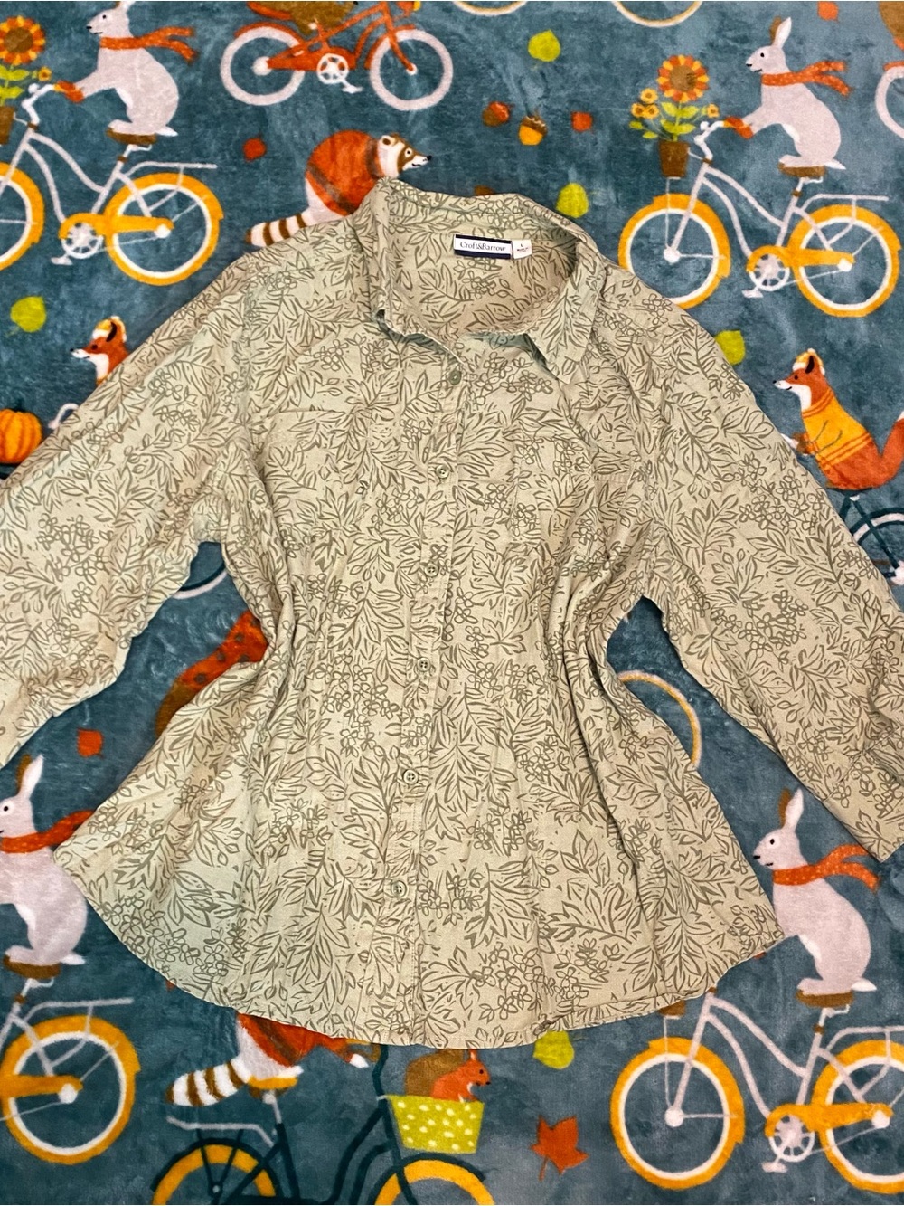 Plant Girl Floral 3/4 Sleeve Button Up Blouse Green Botanical Nature - Women’s L